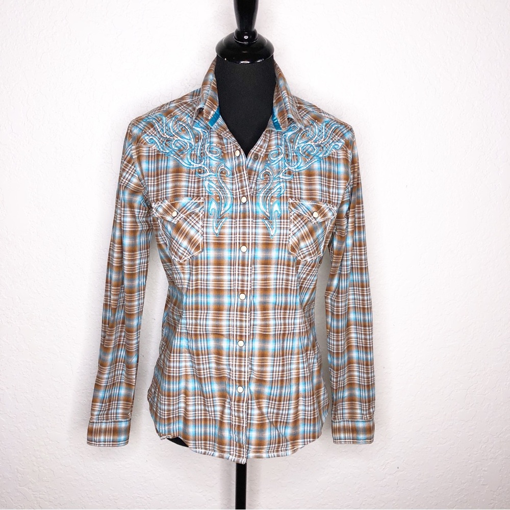 Panhandle Rough Stock Western brown blue embroidered plaid button down top Small